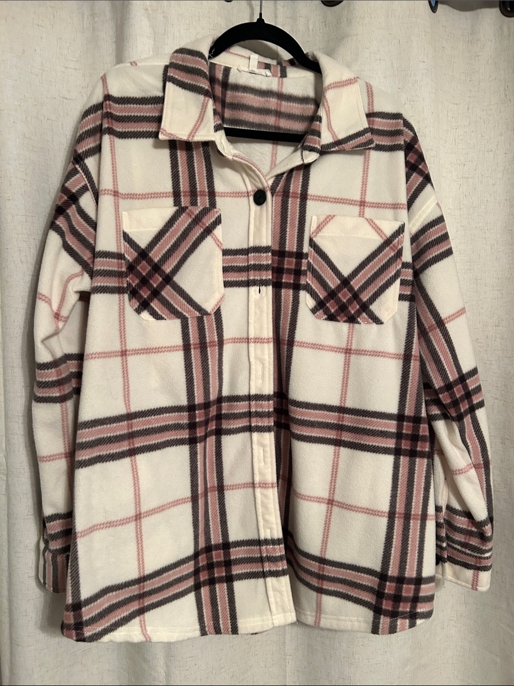 Maurices Cream Plaid Button-Front Shirt Jacket with Pink & Black Check